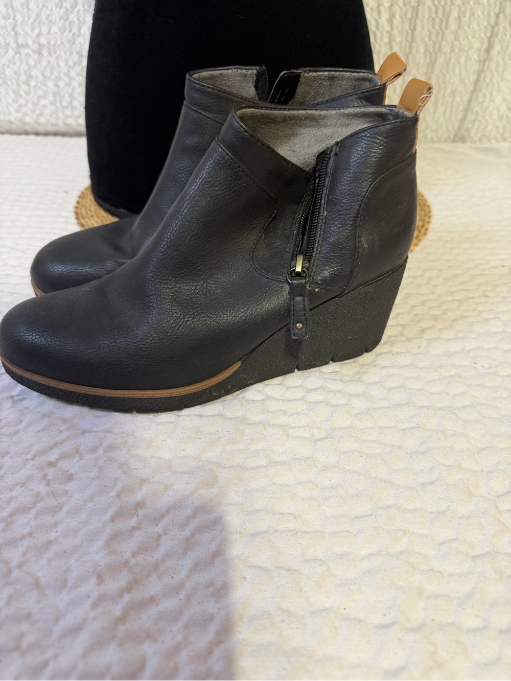 Dr. Scholl's Black Wedge Ankle Bootie with Tan Pull Tabs